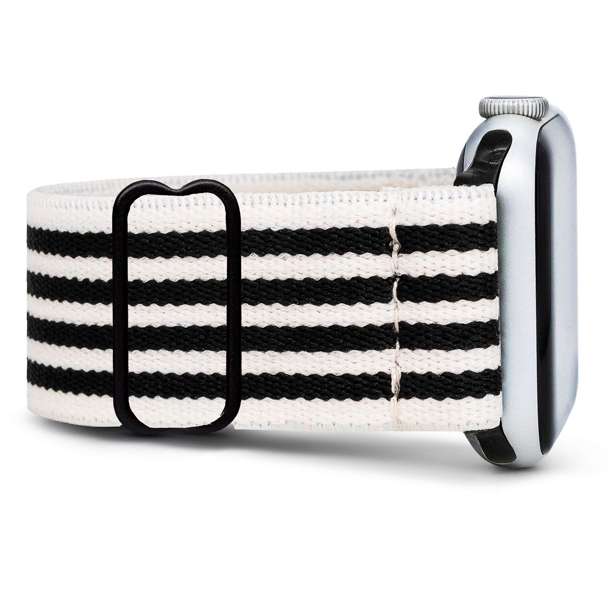 Black and white striped Apple Watch band with a metal clasp.